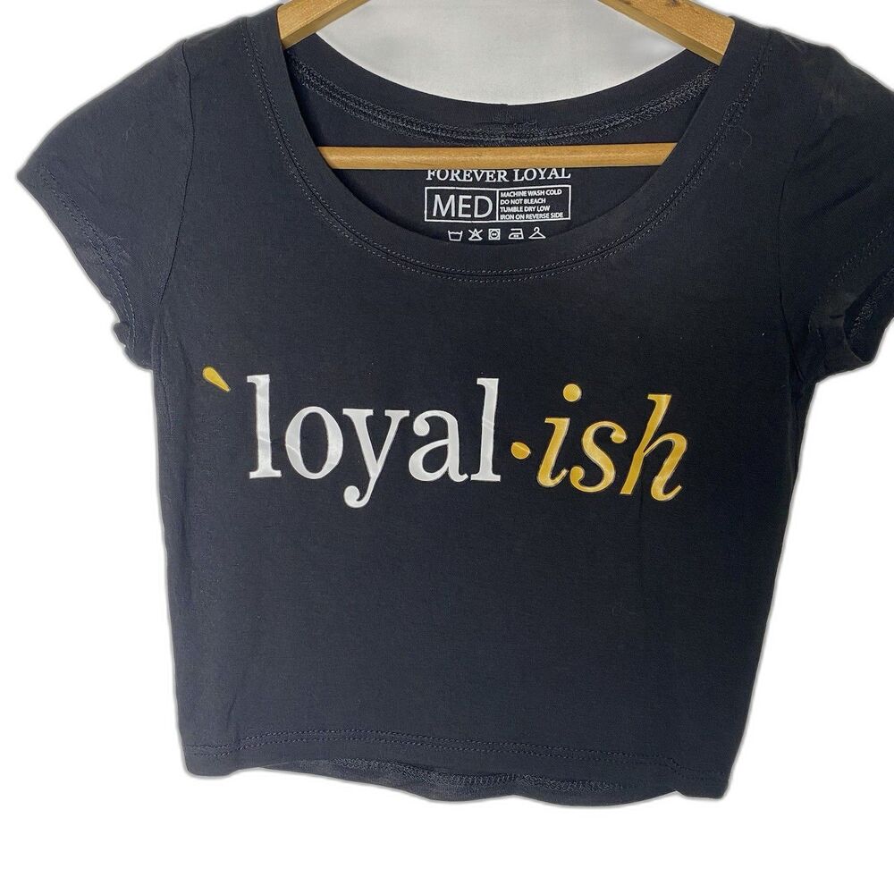 FOREVER LOYAL Cropped T-Shirt Vinyl Graphic Stretchy Tee Womens M Black